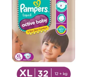 Pampers Active Baby Diapers – Extra Large, 12+ kg, Soft Stretch Waist & Sides, Up to 12 Hours Absorption, 32 pcs